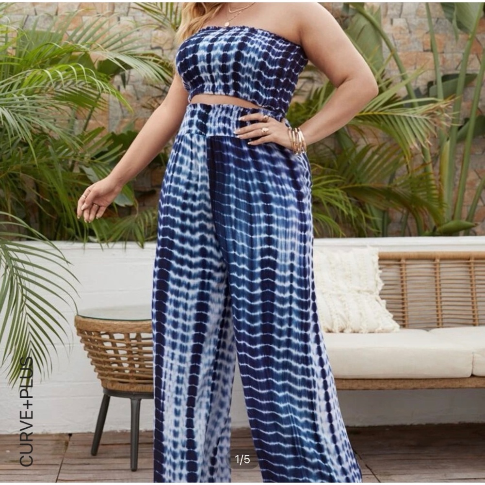 TIE DYE SMOCKED STRETCHY TUBE TOP & WIDE LEG PANTS